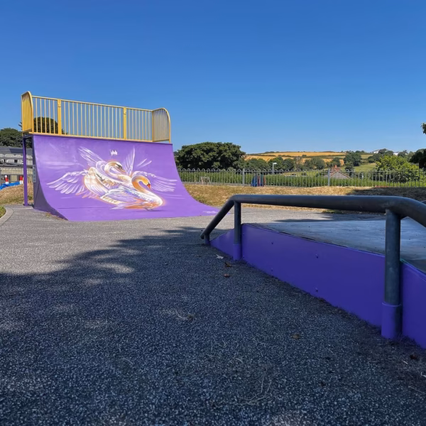 Chacewater Skate Park ramp with street art by Tech Moon. Swans in celebration of HM Queen's Platinum Jubilee